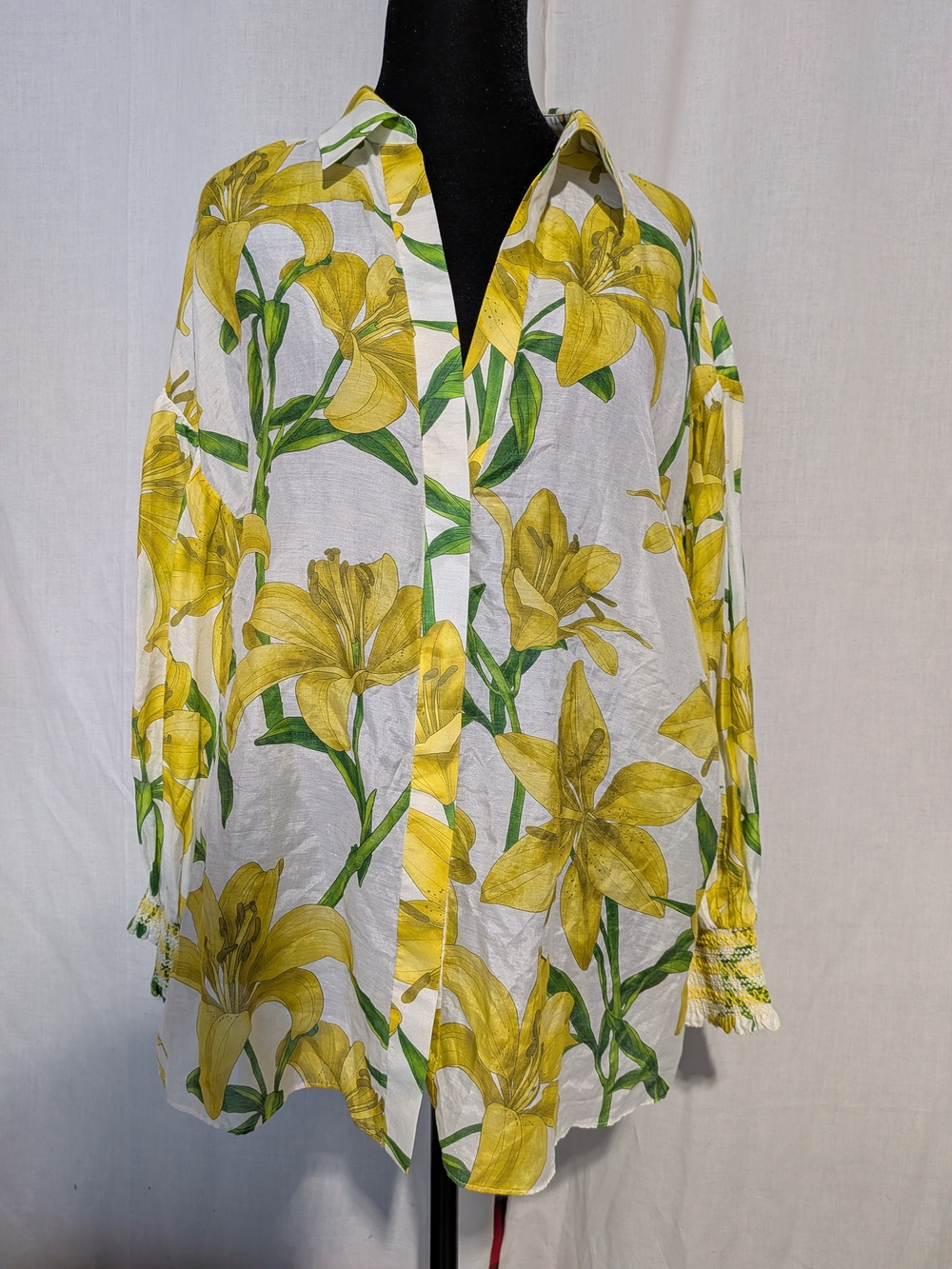 Alice + Olivia White Button-Down Shirt with Yellow Floral Print